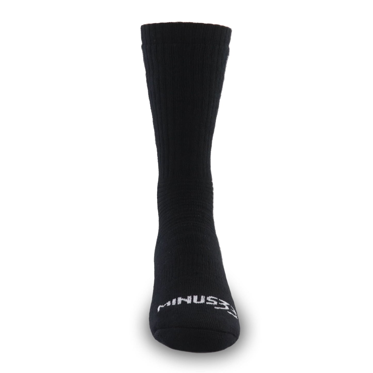 Black mid-calf merino wool work sock with ribbed texture and Minus33 logo on toe
