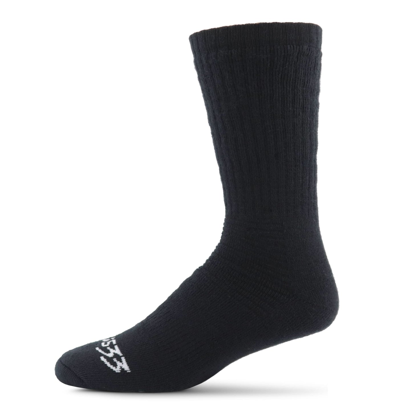 Black mid-calf merino wool work sock with ribbed texture and Minus33 logo on toe