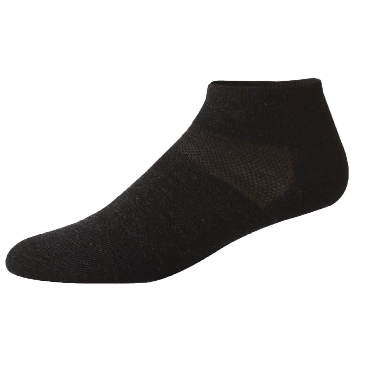 Black lightweight no-show merino wool sock with breathable mesh panel