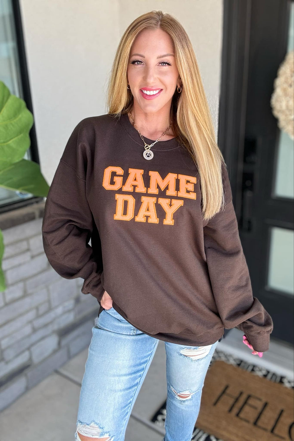 PREORDER: Embroidered Glitter Game Day Sweatshirt in Brown/Orange