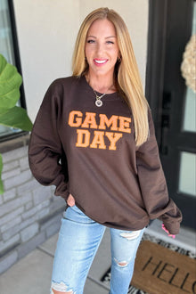  PREORDER: Embroidered Glitter Game Day Sweatshirt in Brown/Orange