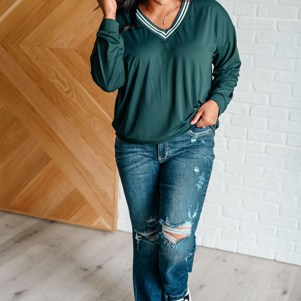 
                      
                        All Out Comfort V-Neck Pullover in Midnight Green
                      
                    