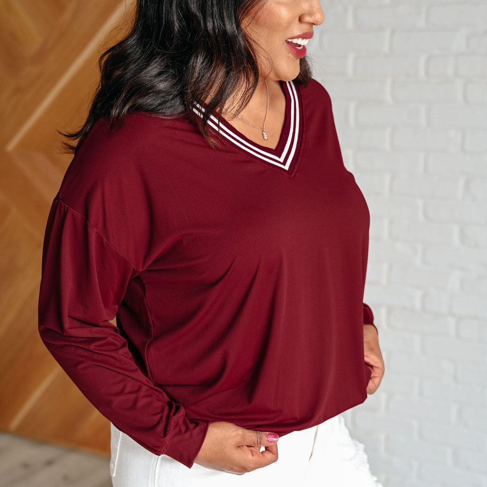 
                      
                        All Out Comfort V-Neck Pullover in Red Merlot
                      
                    