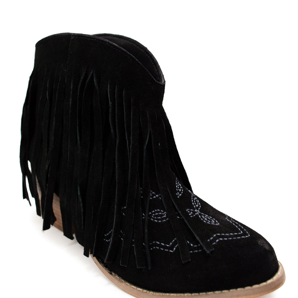 
                      
                        Amos Fringe Ankle Bootie in Black Suede
                      
                    