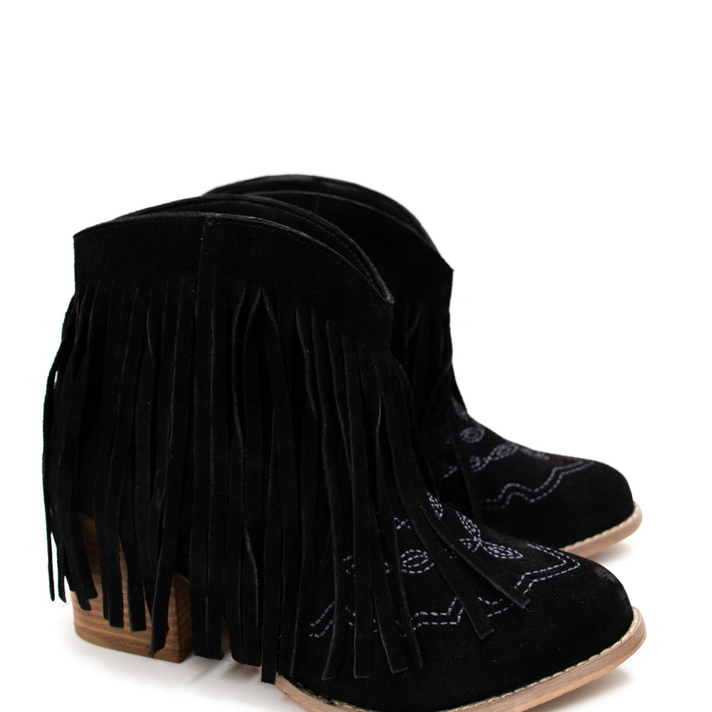 
                      
                        Amos Fringe Ankle Bootie in Black Suede
                      
                    