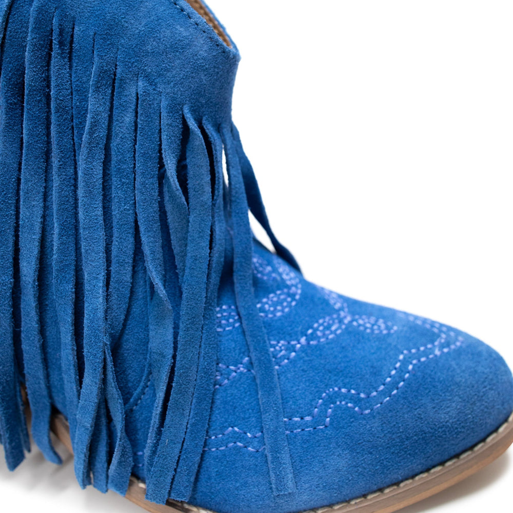 
                      
                        Amos Fringe Ankle Bootie in Blue Suede
                      
                    