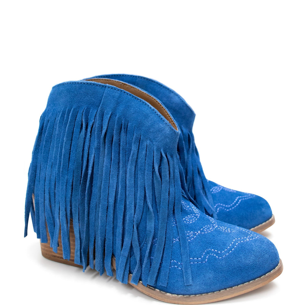 
                      
                        Amos Fringe Ankle Bootie in Blue Suede
                      
                    