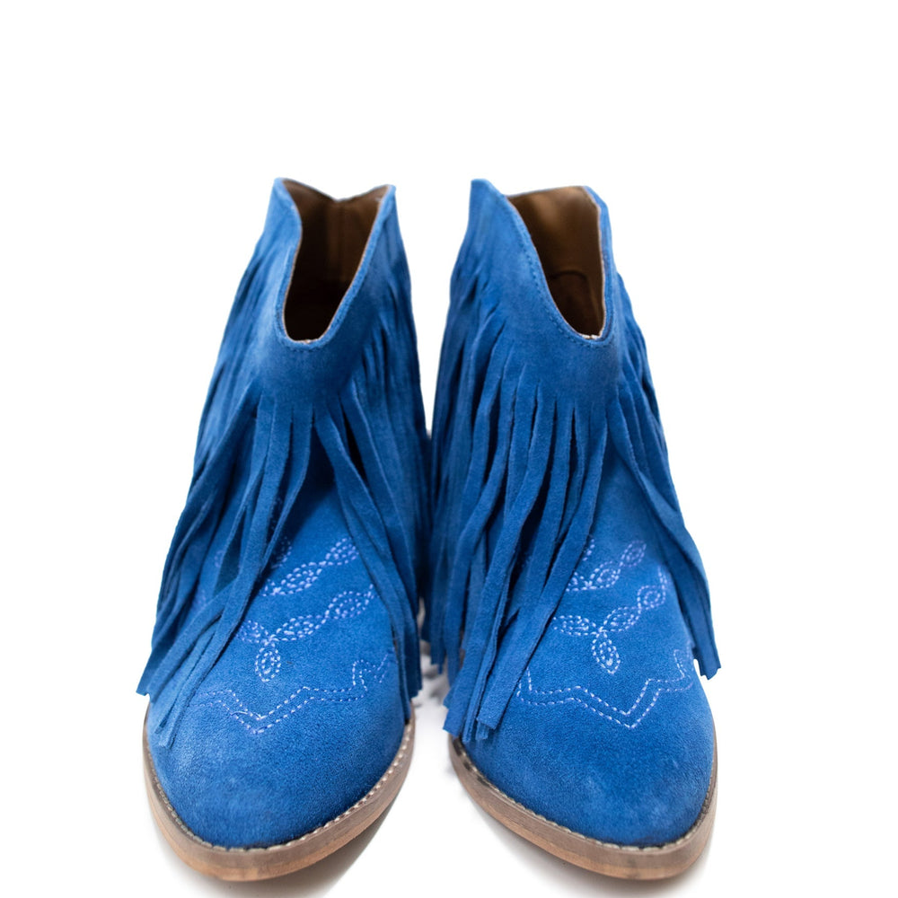 
                      
                        Amos Fringe Ankle Bootie in Blue Suede
                      
                    