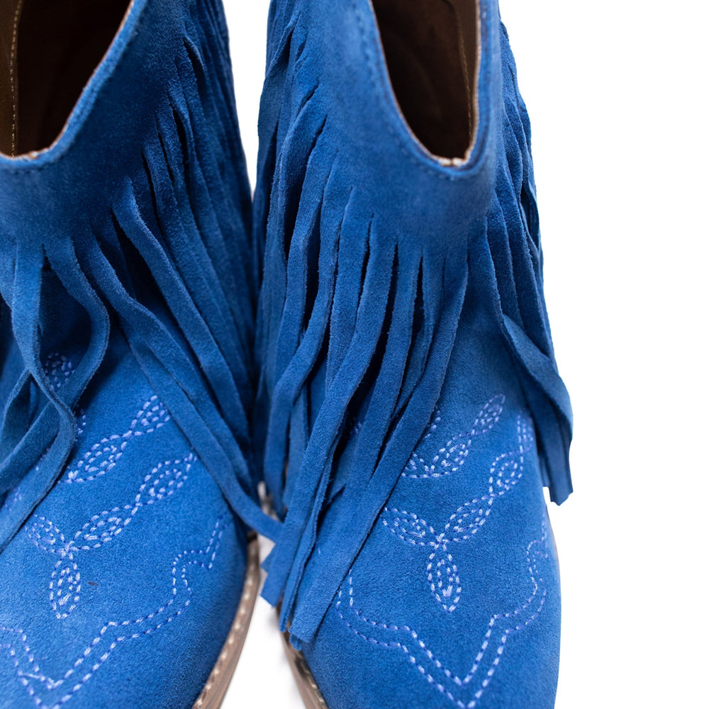 
                      
                        Amos Fringe Ankle Bootie in Blue Suede
                      
                    