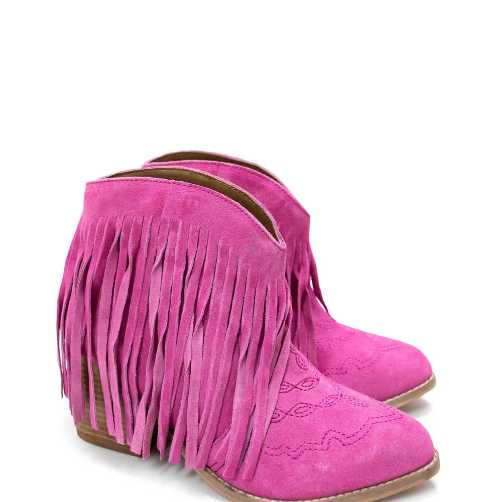 
                      
                        Amos Fringe Ankle Bootie in Magenta Suede
                      
                    