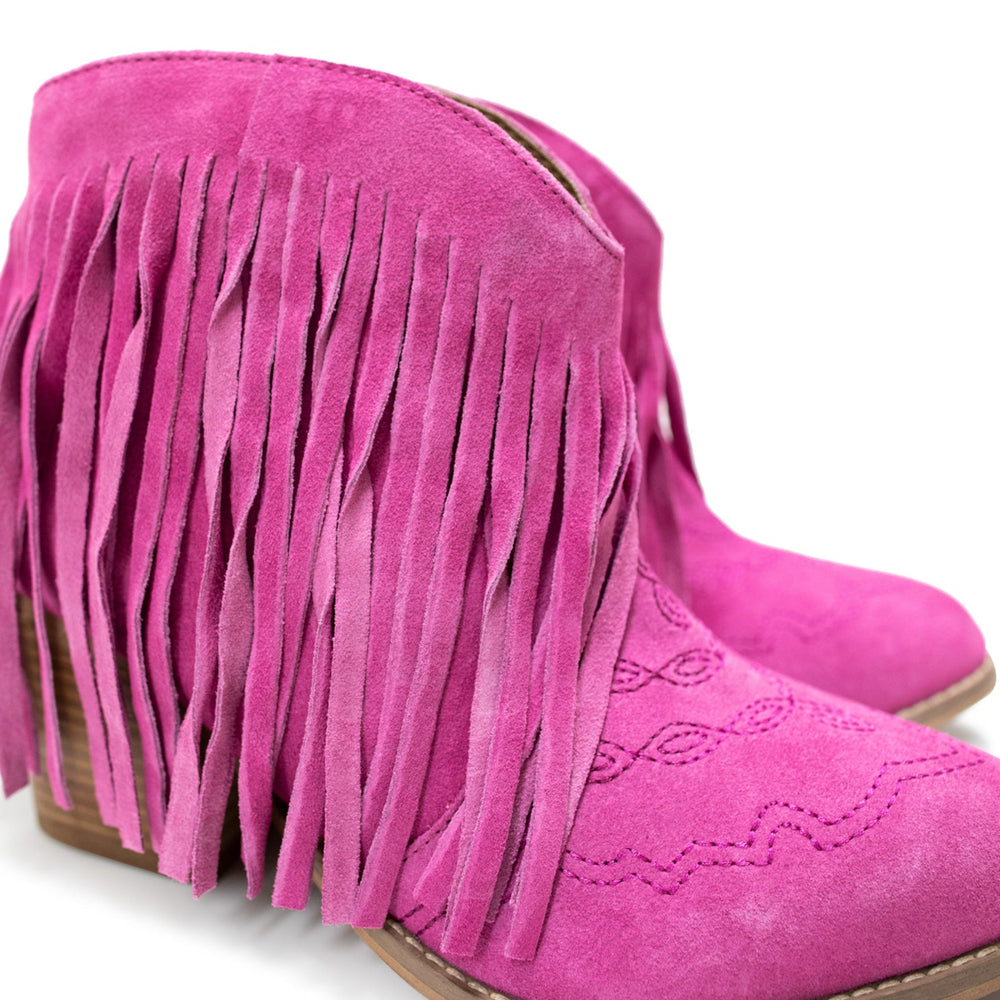 
                      
                        Amos Fringe Ankle Bootie in Magenta Suede
                      
                    