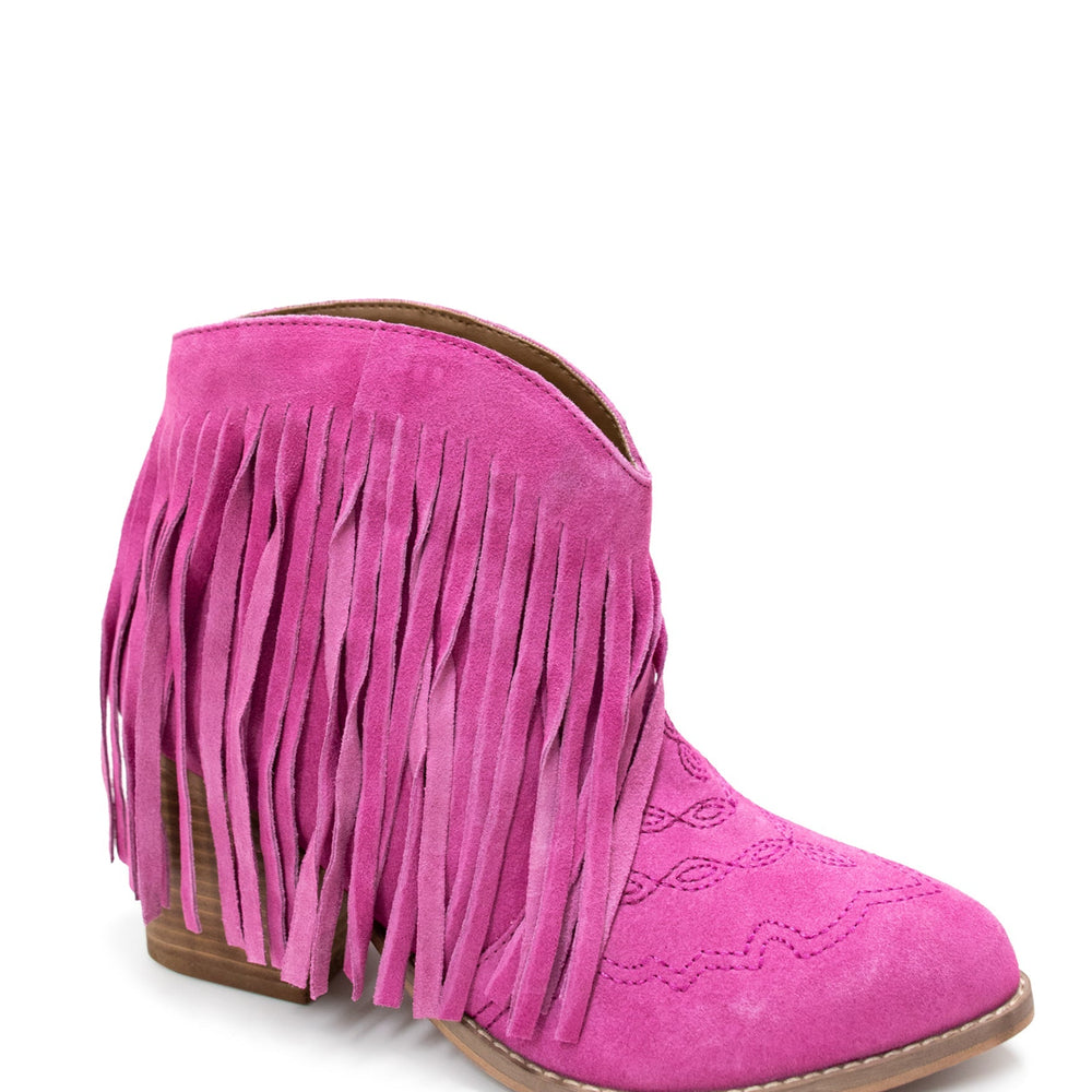 
                      
                        Amos Fringe Ankle Bootie in Magenta Suede
                      
                    