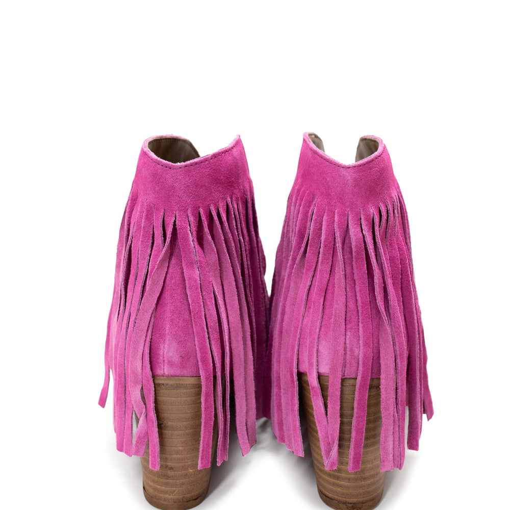 
                      
                        Amos Fringe Ankle Bootie in Magenta Suede
                      
                    