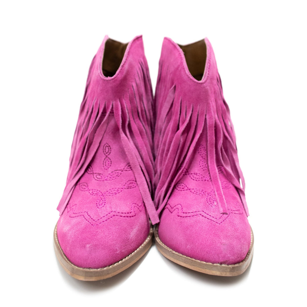 
                      
                        Amos Fringe Ankle Bootie in Magenta Suede
                      
                    