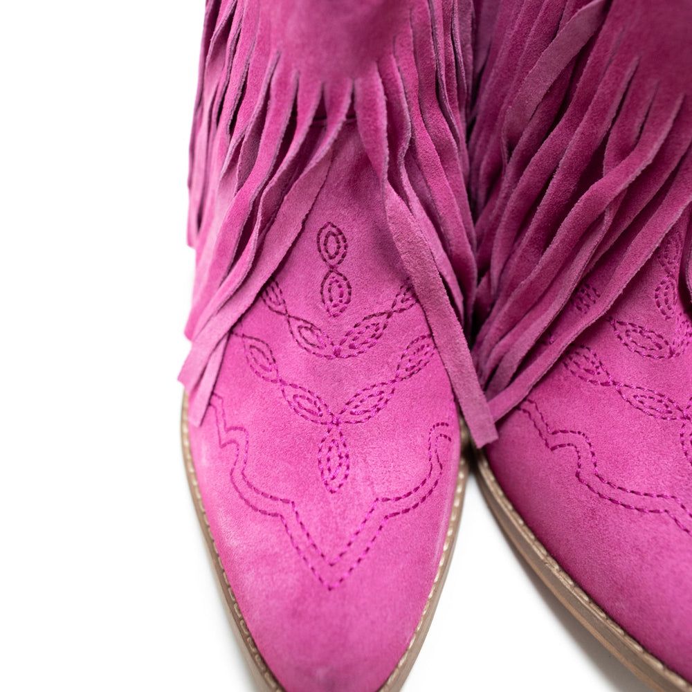 
                      
                        Amos Fringe Ankle Bootie in Magenta Suede
                      
                    