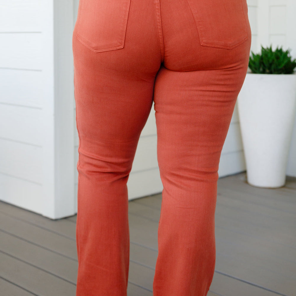 
                      
                        Autumn Mid Rise Slim Bootcut Jeans in Terracotta
                      
                    