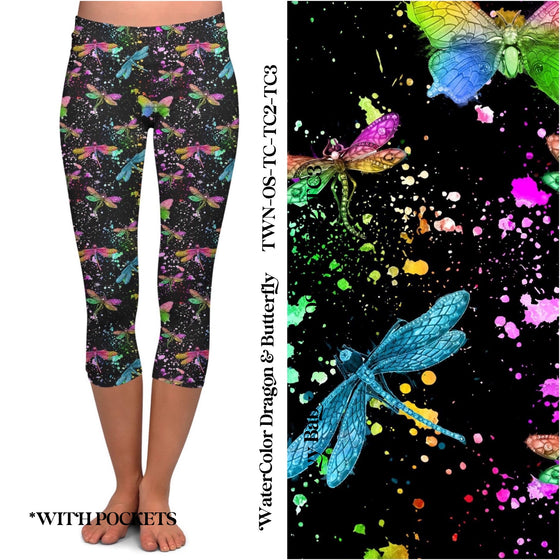 Watercolor Dragon & Butterfly - Capri Leggings with Pockets