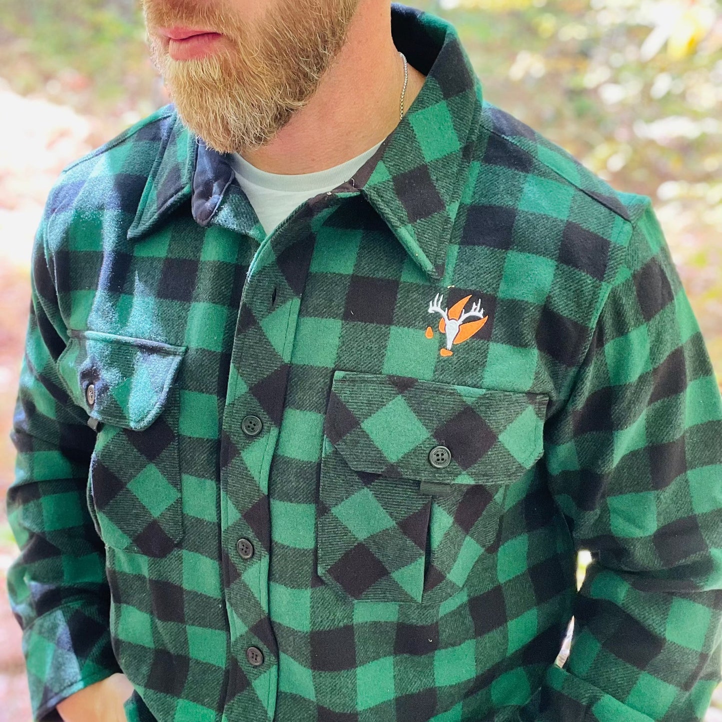 Green and black buffalo plaid wool shirt jacket on model showing relaxed fit and chest pocket detail