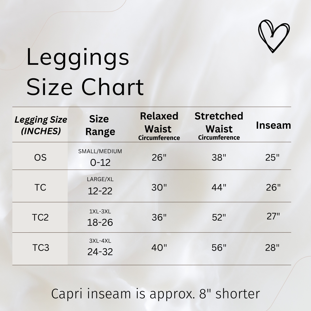 Leggings size chart with measurements for different legging sizes.