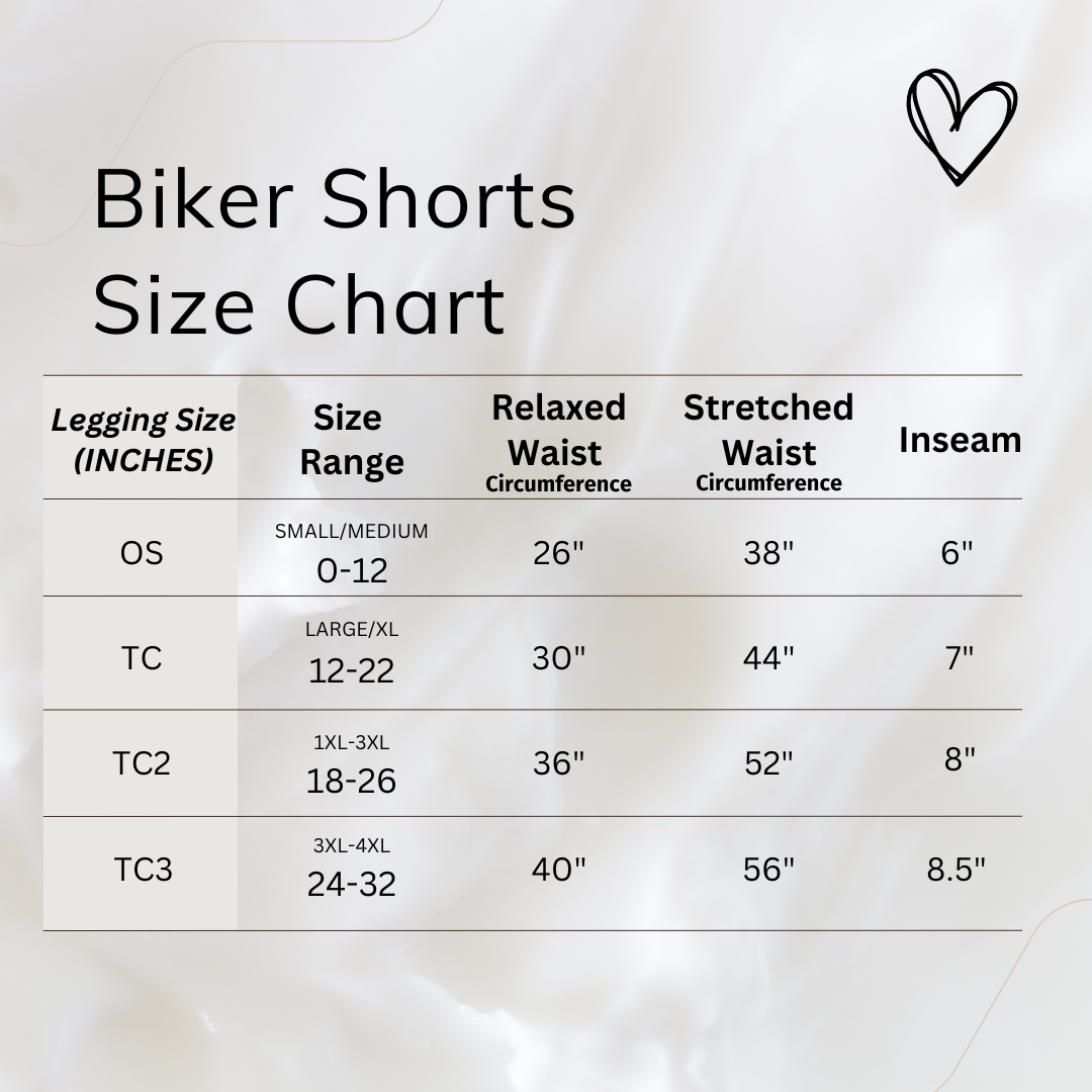 Biker shorts size chart with measurements on a white background