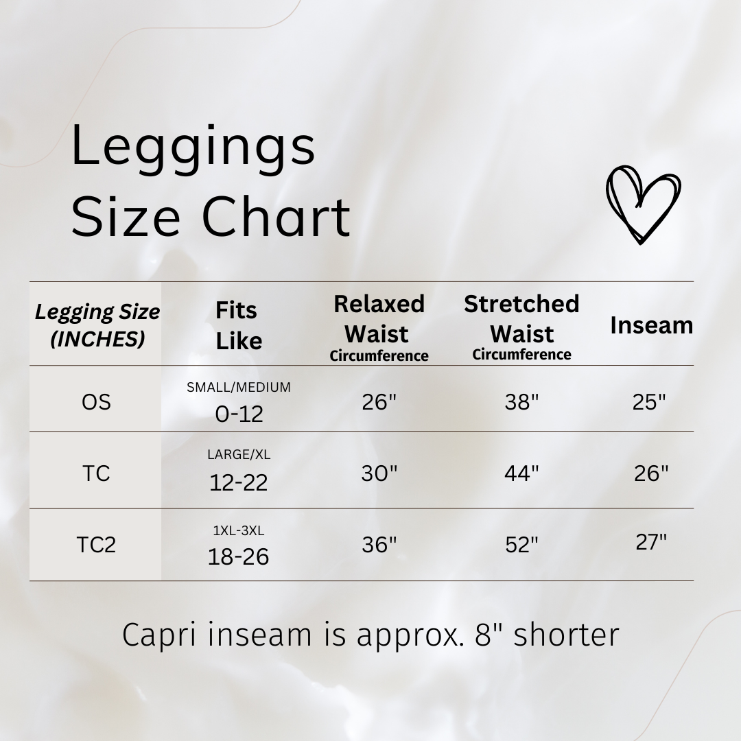 Leggings size chart with measurements on a light background