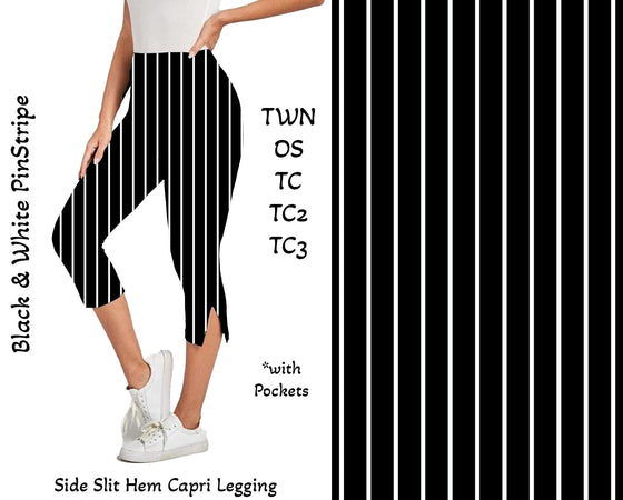Black and White Pinstripe Side Slit Hem Capri Leggings with Pockets
