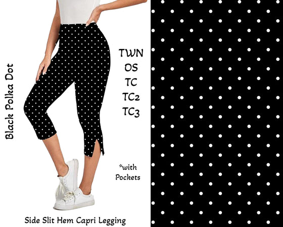 Black Polka Dot Side Slit Hem Capri Leggings with Pockets