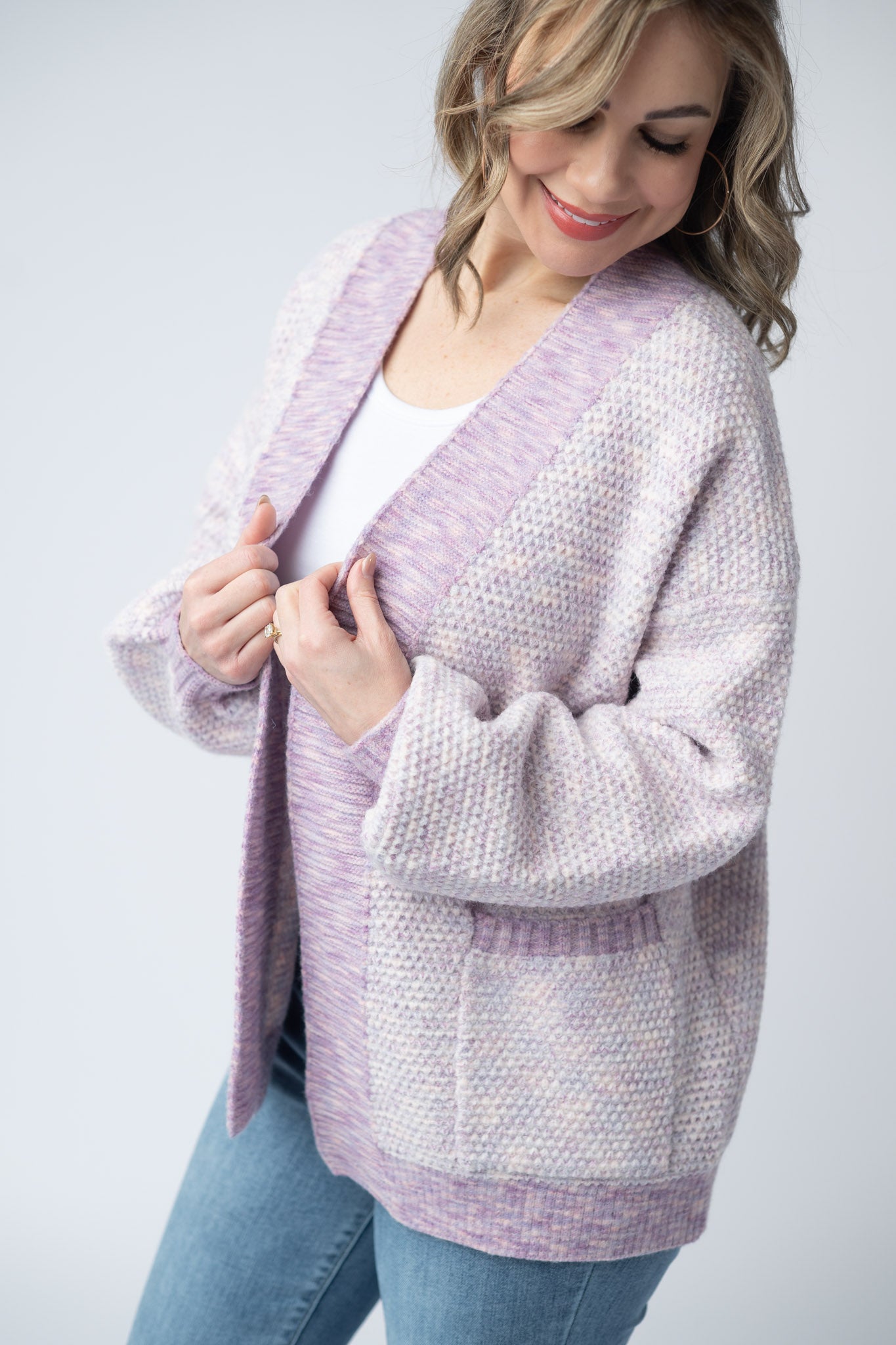 Women's open front cardigan in Purple Mix with textured knit, front pockets, and relaxed fit