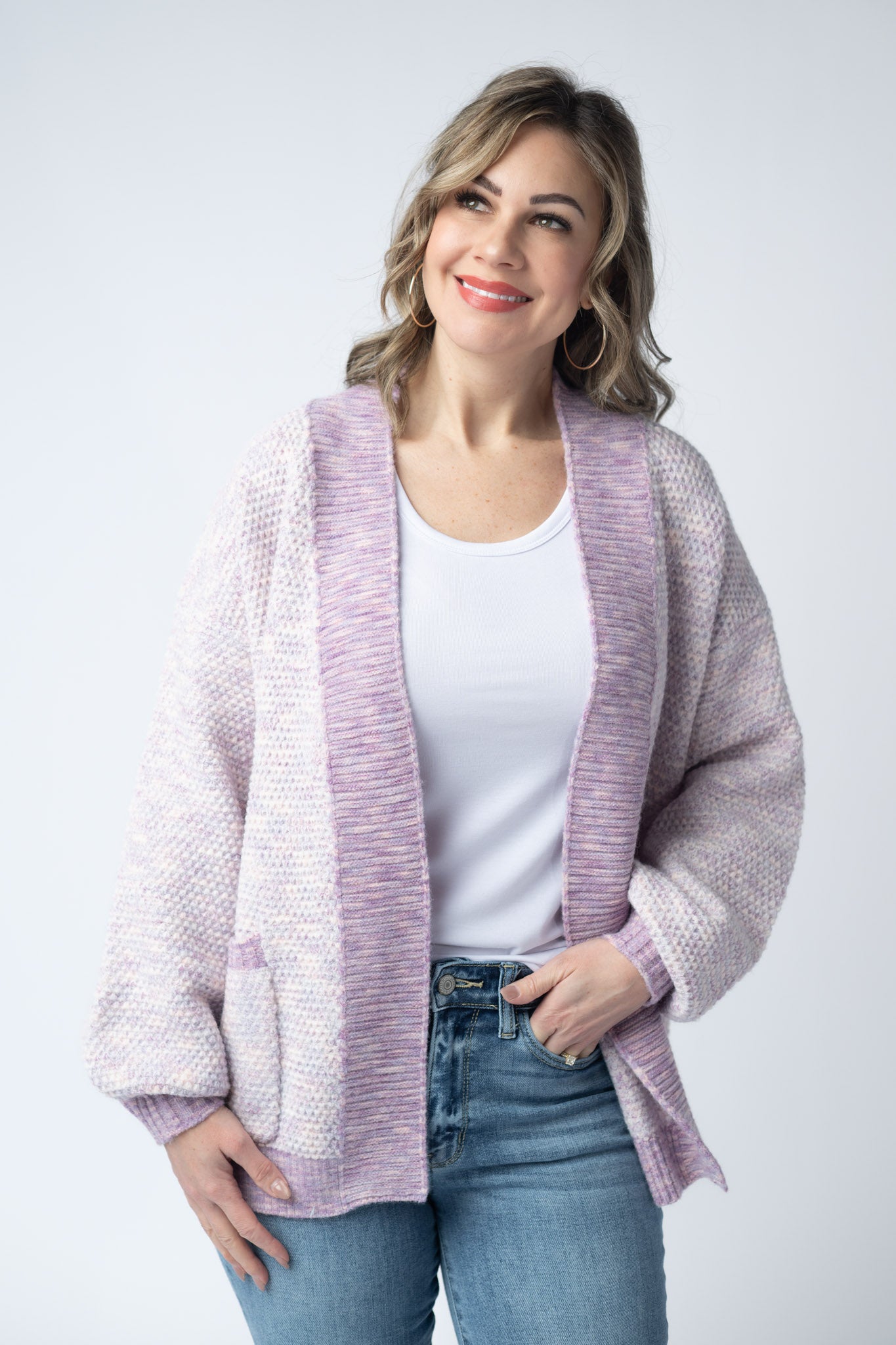 Women's open front cardigan in Purple Mix with textured knit, front pockets, and relaxed fit