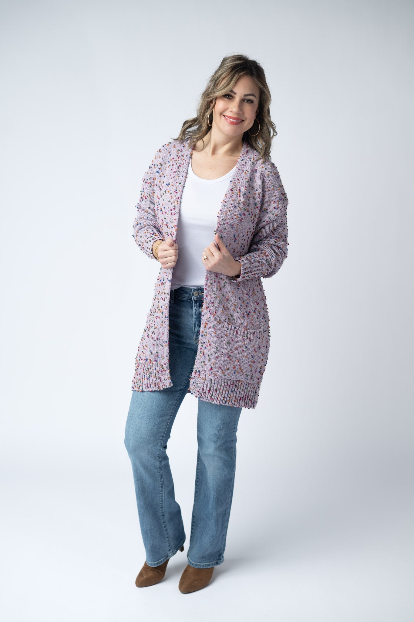 Women's confetti dot cardigan in Lavender with colorful confetti speckles, open front, front pockets, and ribbed trim
