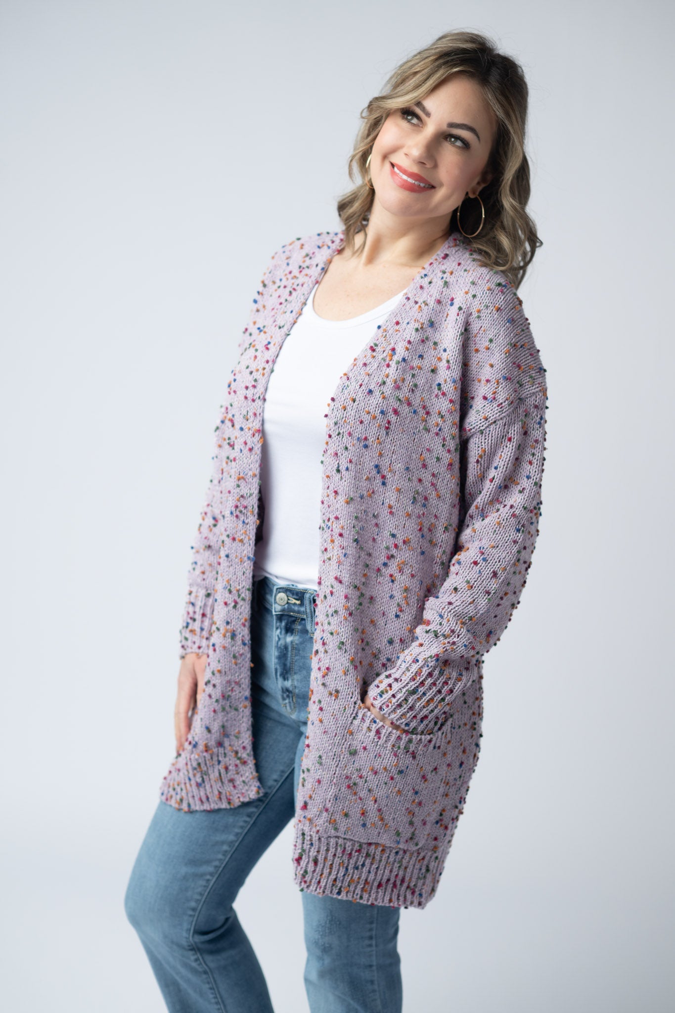 Women's confetti dot cardigan in Lavender with colorful confetti speckles, open front, front pockets, and ribbed trim