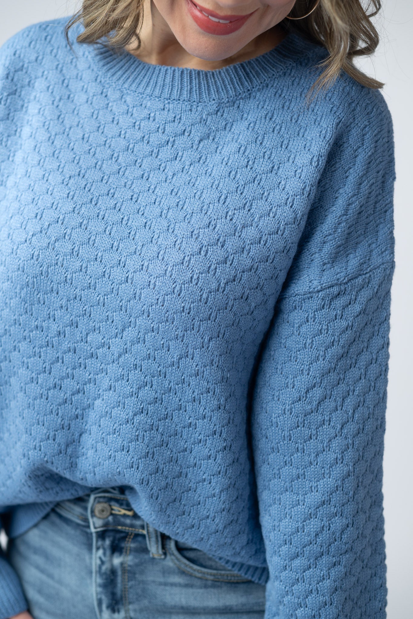 Women's textured pullover sweater in Blue with crew neck, honeycomb knit pattern, and ribbed cuffs and hem