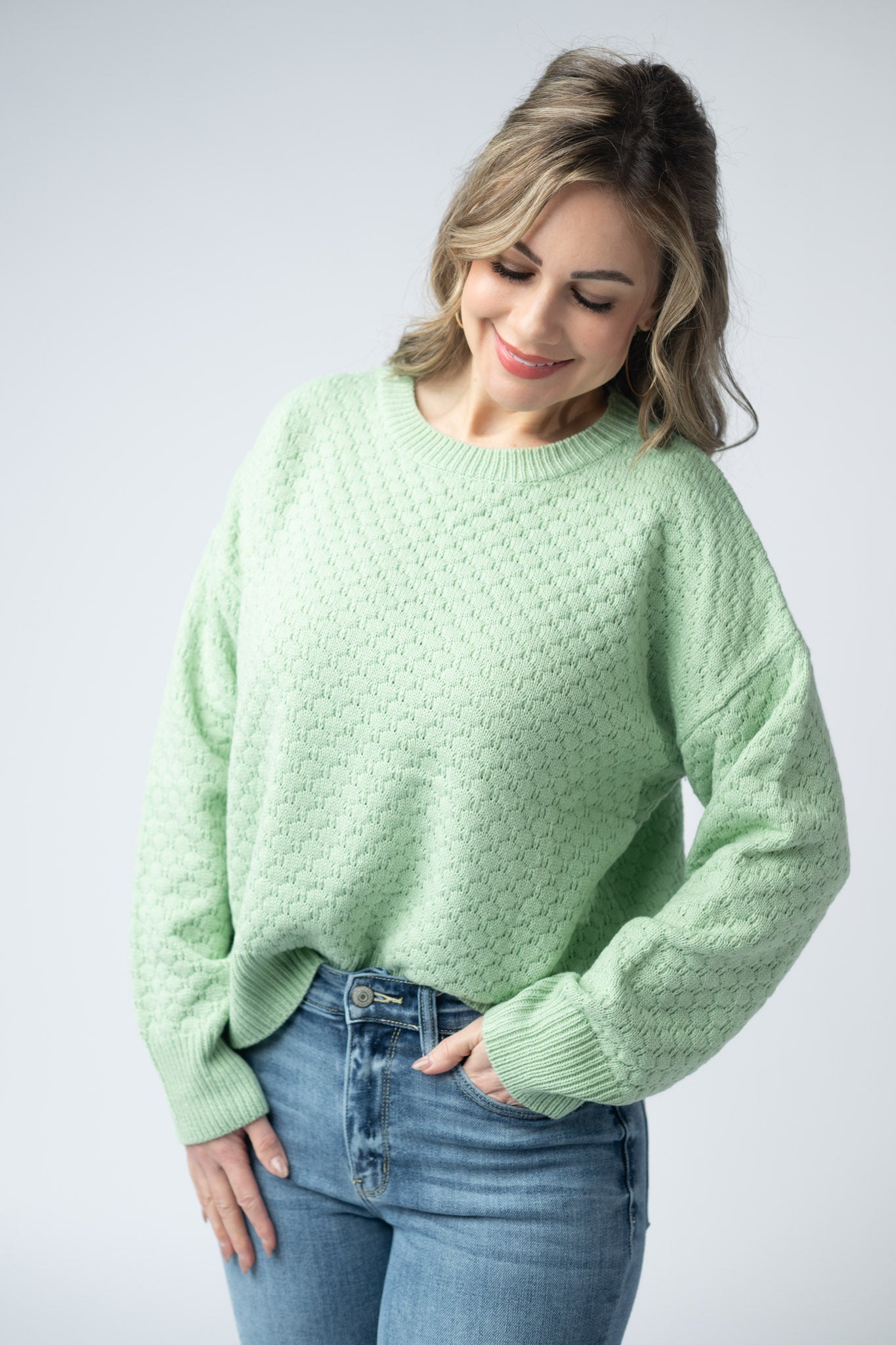 Women's textured pullover sweater in Spring Sage with crew neck, honeycomb knit pattern, and ribbed cuffs and hem