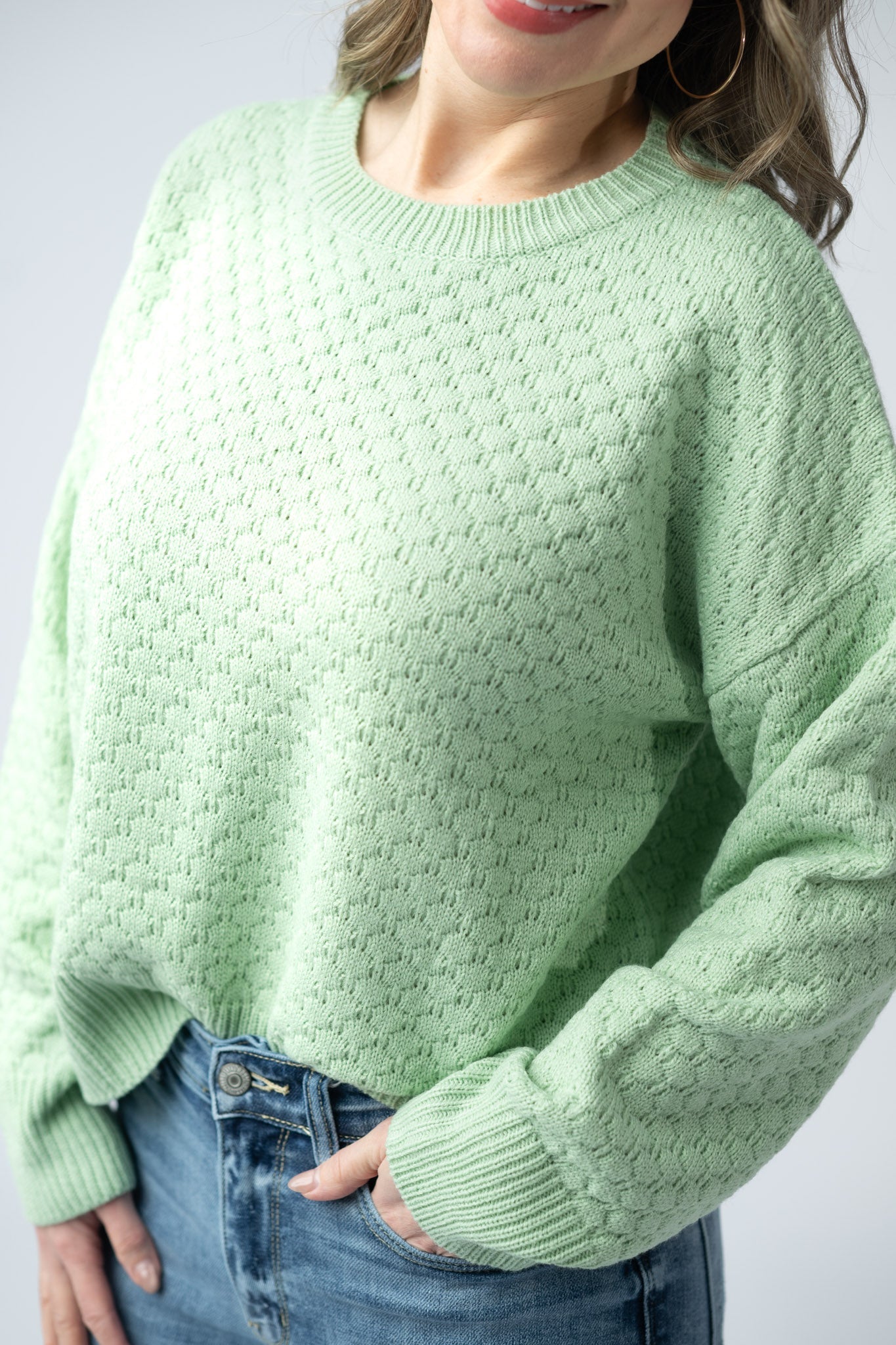 Women's textured pullover sweater in Spring Sage with crew neck, honeycomb knit pattern, and ribbed cuffs and hem