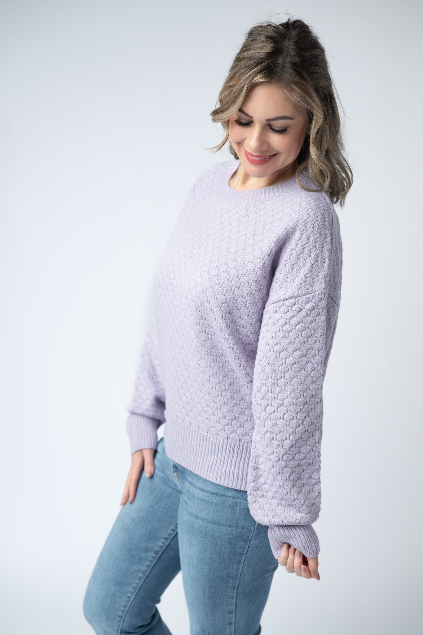 Women's textured pullover sweater in Lavender with crew neck, honeycomb knit pattern, and ribbed cuffs and hem