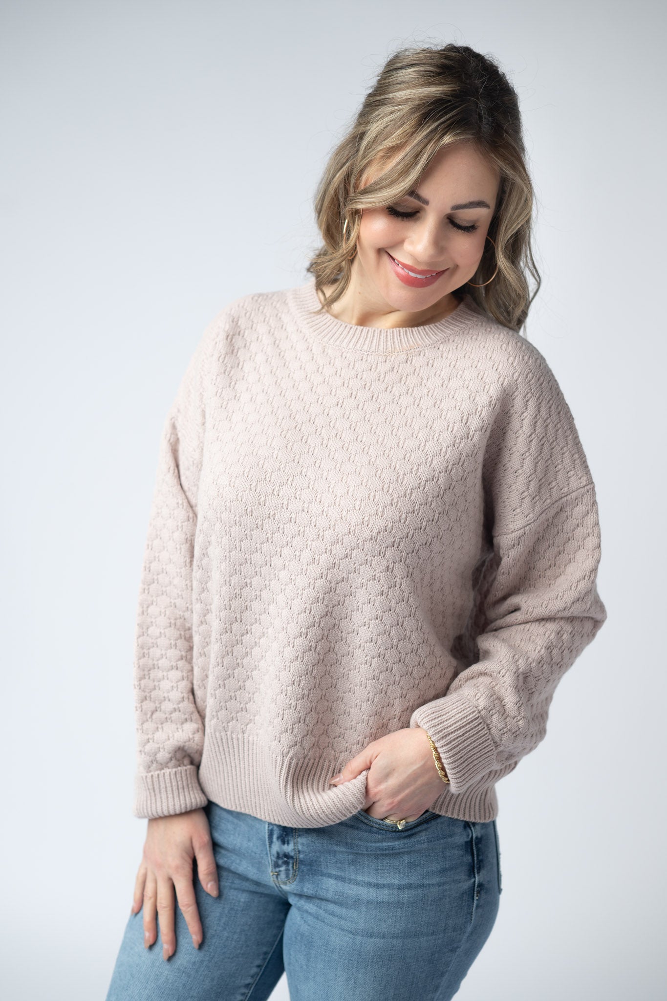 Women's textured pullover sweater in Taupe with crew neck, honeycomb knit pattern, and ribbed cuffs and hem