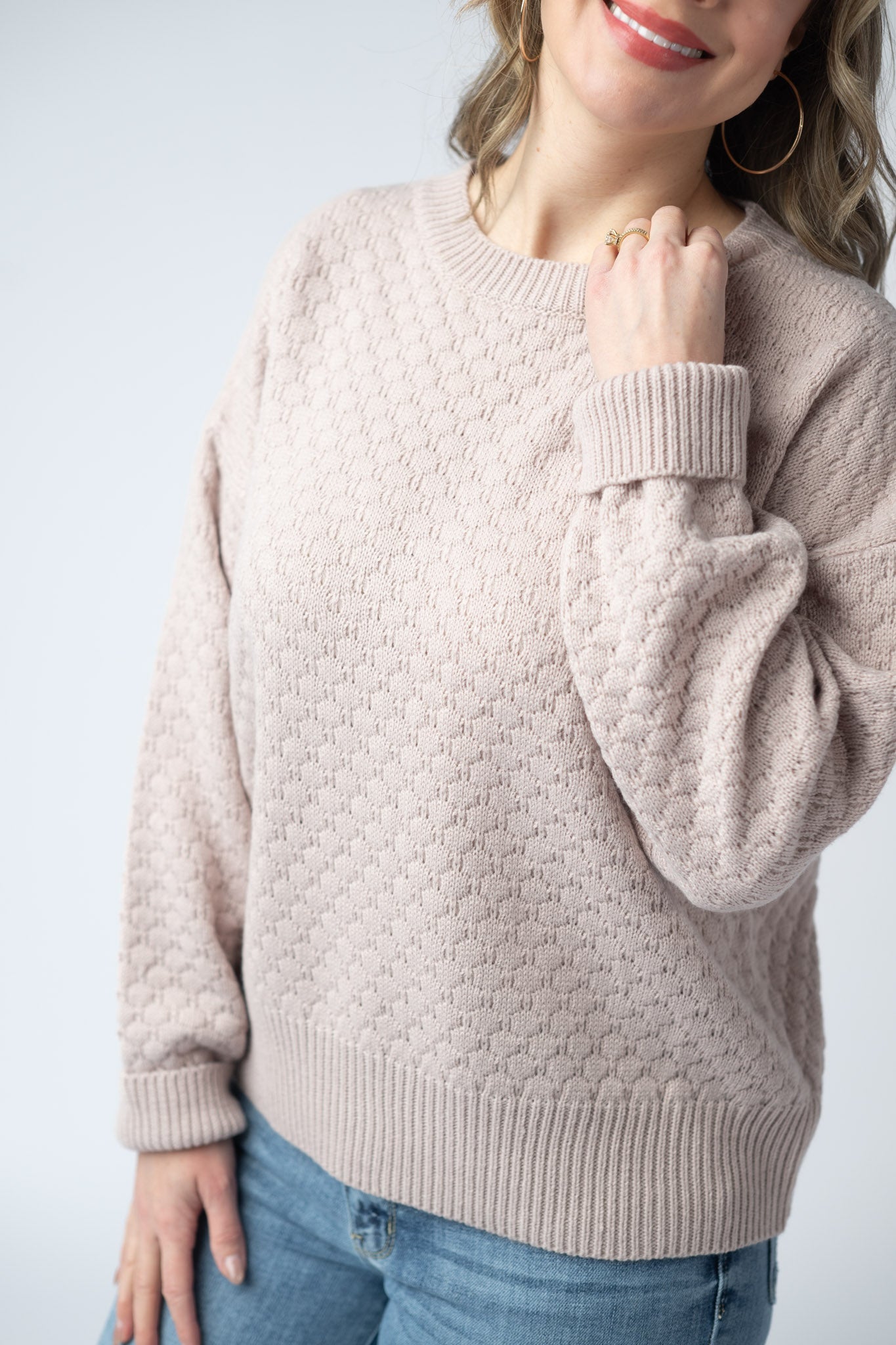 Women's textured pullover sweater in Taupe with crew neck, honeycomb knit pattern, and ribbed cuffs and hem