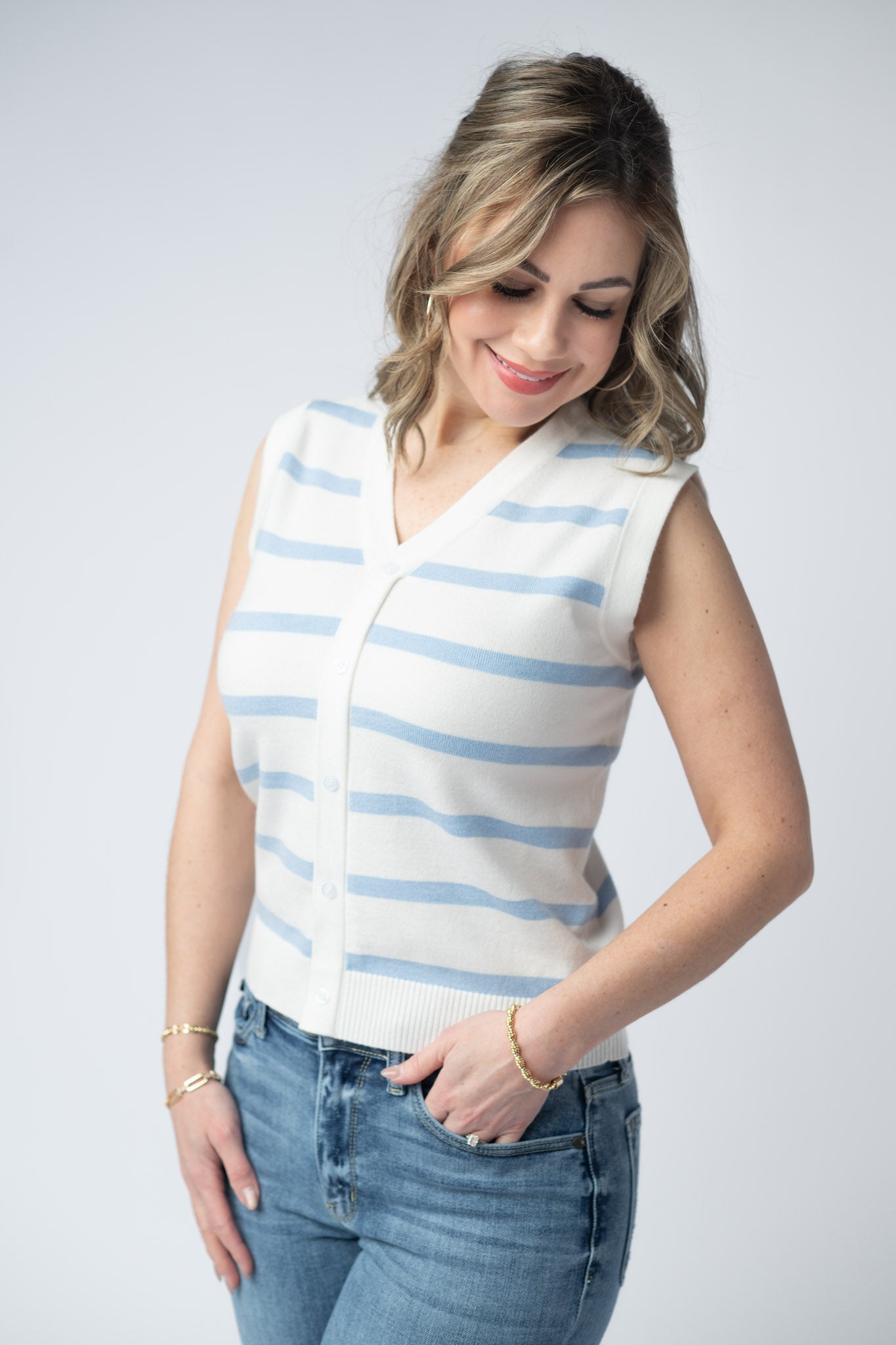 Women's striped button tank in Sky Blue and white with v-neck, decorative faux button front, and ribbed hem