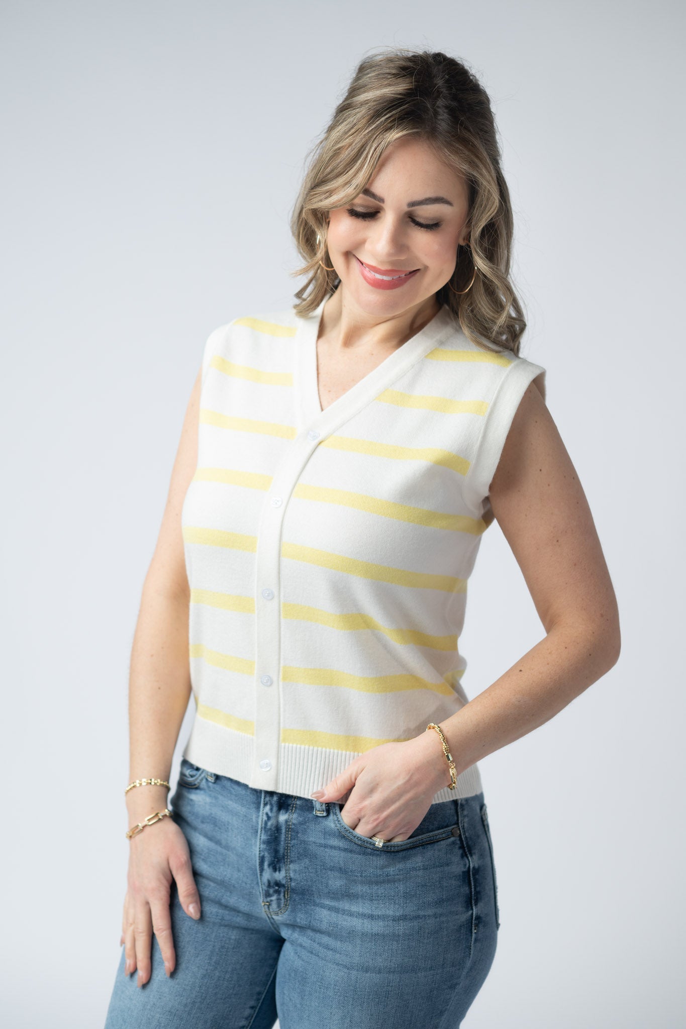 Women's striped button tank in Yellow and white with v-neck, decorative faux button front, and ribbed hem