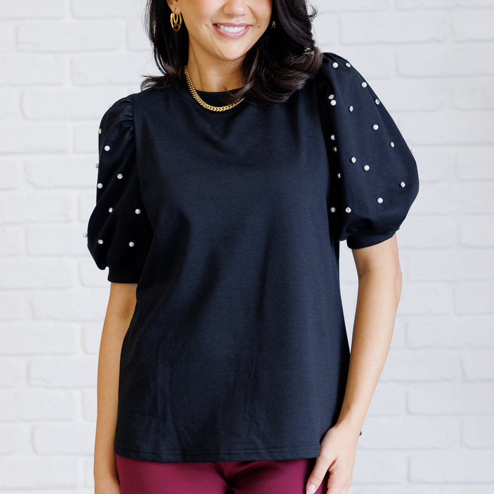 
                      
                        Diamonds and Pearls Puff Sleeve Top in Black
                      
                    