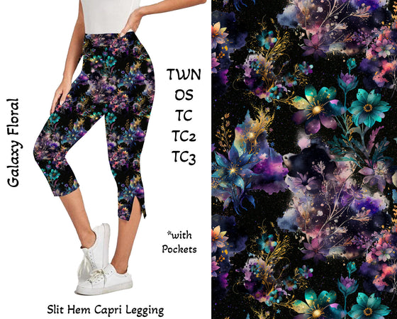Galaxy Floral Side Slit Hem Capri Leggings with Pockets