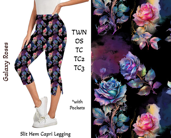 Galaxy Roses Side Slit Hem Capri Leggings with Pockets