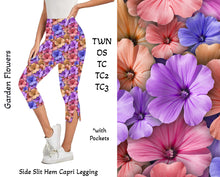  Garden Flowers Side Slit Hem Capri Leggings with Pockets