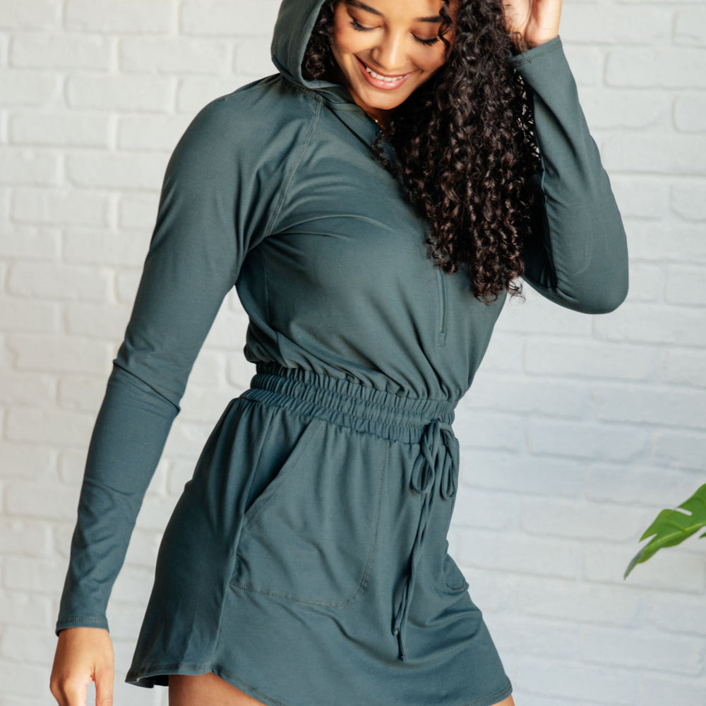 
                      
                        Getting Out Long Sleeve Hoodie Romper in Smoked Spruce
                      
                    