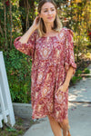 Cranberry Paisley Woven Bubble Sleeve Midi Dress