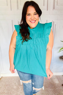  Love Life Cotton Turquoise Frill Mock Neck Flutter Sleeve Top