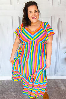  Bright Thoughts Rainbow Stripe Flutter Sleeve Fit & Flare Midi Dress