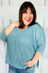 Just My Type Dusty Teal Jacquard Hi-Low V Neck Sweater
