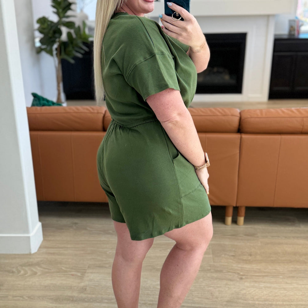 
                      
                        Short Sleeve V-Neck Romper in Army Green
                      
                    