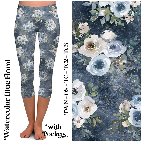 Watercolor Blue Floral - Leggings & Capris with Pockets